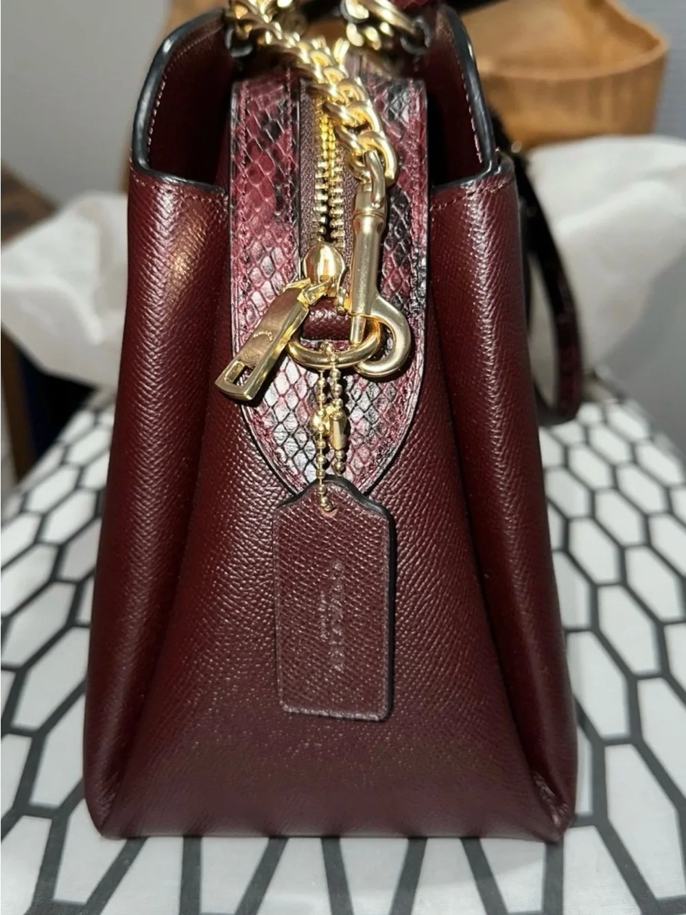 Coach Lillie Carryall Burgundy Leather Satchel with Gold Hardware